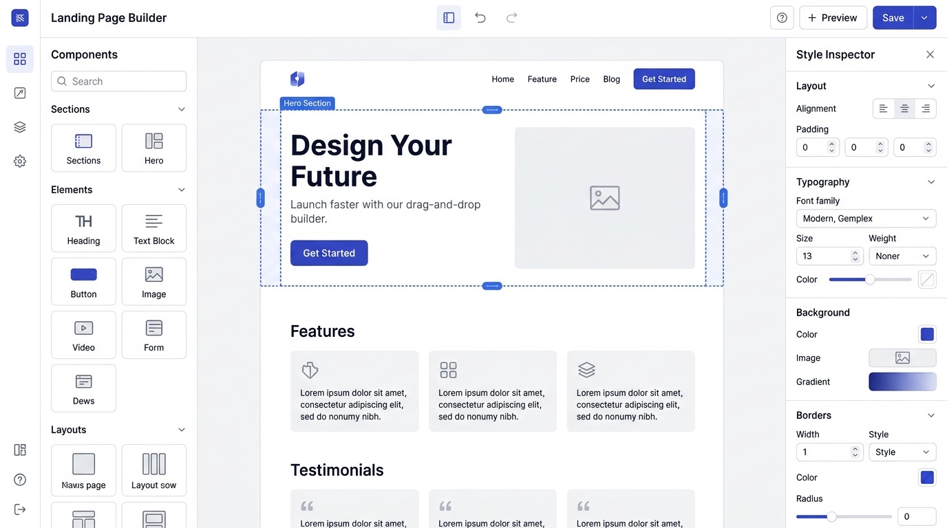 The landing page builder editor